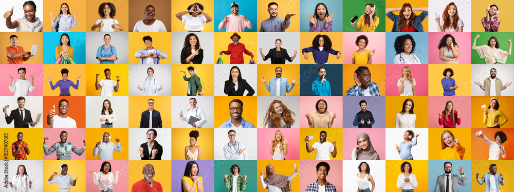 Poster a vibrant collage features a diverse group of people from different backgrounds, each striking a joy