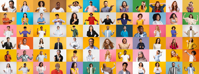 A vibrant collage features a diverse group of people from different backgrounds, each striking a...