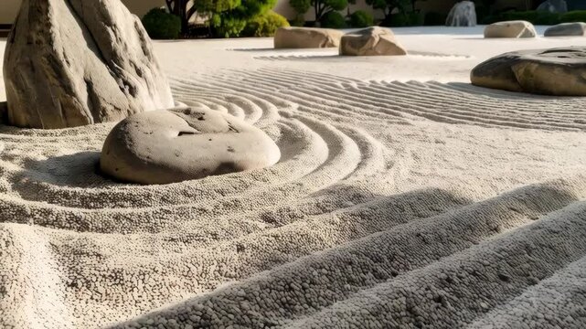 Minimalist Zen garden featuring textured sand raked into peaceful linear and circular patterns with artfully placed smooth natural stones