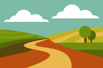 Fototapeta premium Winding Country Road Through Rolling Hills and Farmland A Scenic Landscape Illustration