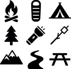 Black silhouette camping icons including tent, fire, sleeping bag, tree, picnic table, flashlight, and mountain.