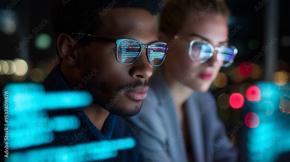 Poster two focused african-american men in glasses analyze glowing digital code on a screen, depicting data
