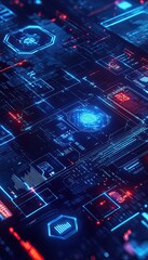 A futuristic digital forensics concept illustration featuring biometric authentication, facial recognition, fingerprint scans, retina scan interfaces, secure data analysis icons, glowing blue HUD