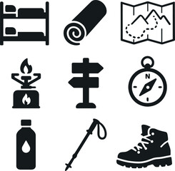 Hiking icons in bold vector showing bunk bed, compass, gas burner, trail sign, bottle, and trekking pole.