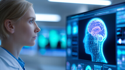 A female scientist in a lab coat and safety glasses interacts with a glowing holographic brain interface in a futuristic setting.

