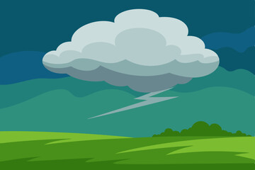 Dramatic Stormy Landscape Dark Clouds, Lightning Strike, Green Fields