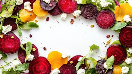 Vibrant beet salad with greens and feta, framed on white background, overhead view