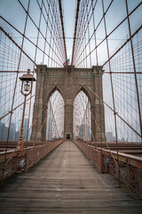Brooklyn Bridge, the cable-stayed suspension bridge opened in 1883 in New York City spanning the...
