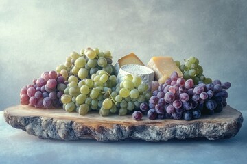 A vibrant still life featuring cheeses and green and red grapes, artfully arranged on a rustic wooden board with a clean background.