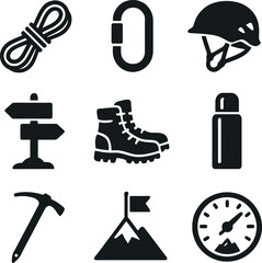 Obraz premium Minimal black icons for climbing and hiking including helmet, pickaxe, mountain flag, signpost, and altitude gauge.