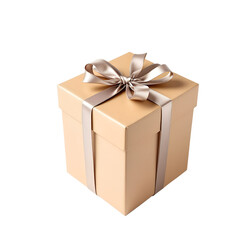 Obraz premium Elegant beige gift box with satin ribbon and bow PNG file isolated on transparent background cut out, clipping path, social media. 