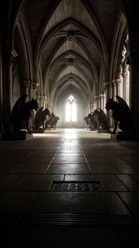 Gothic architecture hallway with repeating arches, stone pillars, tiled floor and gargoyle statues leading towards a bright window end point perspective.