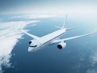 Obraz premium High-Angle View of Airplane above Clouds and Ocean Composition, 3D Render, Travel, Airliner, Airplane photography Air travel, aviation