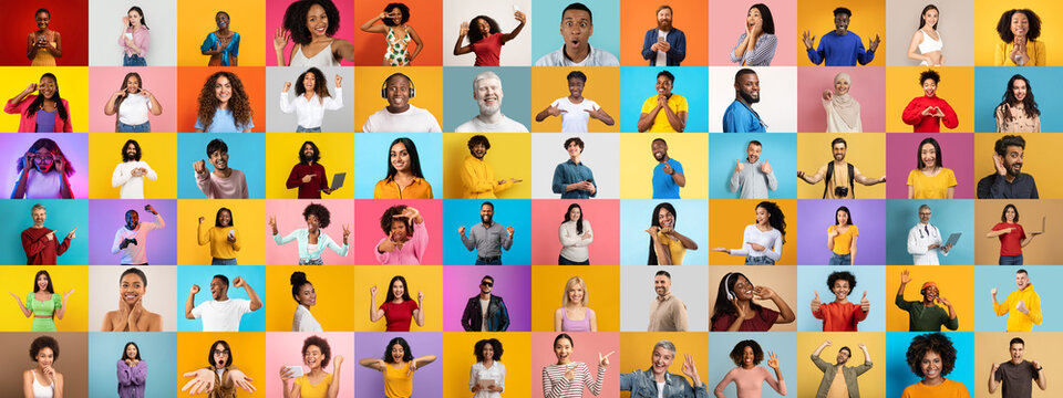 A lively collage features a variety of people from different backgrounds expressing various emotions. Each individual stands against a colorful backdrop that enhances their unique characteristics.