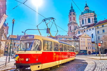 Retro tram in Malostranske namesti (Mala Strana Square), Prague, Czechia