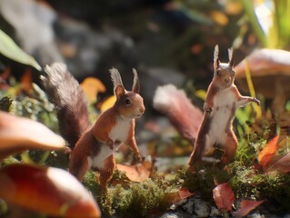 Two squirrels in autumnal forest scene