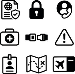 Vector travel safety icons including padlock, medical kit, warning sign, map, ID badge, and airplane ticket for secure journeys.