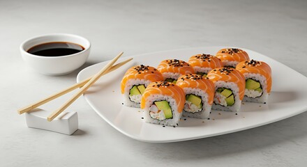 A set of fresh sushi rolls with salmon, avocado and black sesame seeds served on a plate with chopsticks