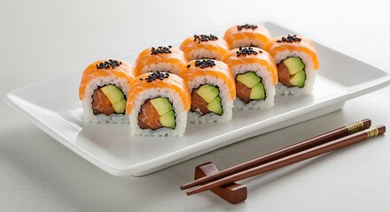 A set of fresh sushi rolls with salmon, avocado and black sesame seeds served on a plate with chopsticks