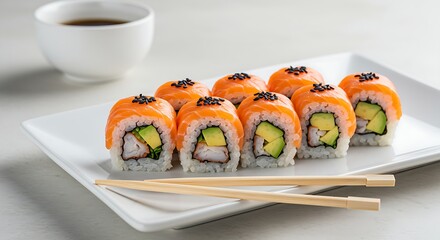 A set of fresh sushi rolls with salmon, avocado and black sesame seeds served on a plate with chopsticks
