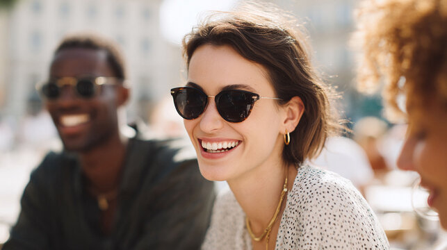 Smiling woman with friends, enjoying summer outdoors. Represents joy, connection, and sunny lifestyle. Great for travel, friendship, or social event marketing.