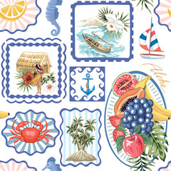 Hawaiian shack, girl, boat, wave, sea, frame, sailboat, palms, anchor, crab, island, hibiscus flower, leaf, sea horse, aloha, exotic fruit on the plate seamless pattern. Summer patchwork wallpaper.