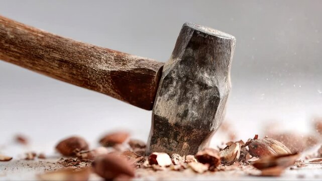 Human hand holding hammer broke rock and smashed it in pieces.Red background.