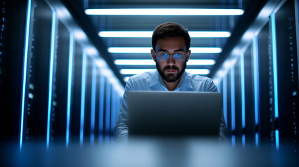 A focused IT professional works on a laptop in a brightly lit data center aisle surrounded by server racks.
