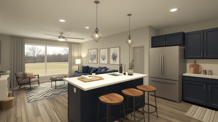 Open-concept living area with a modern kitchen and view of a park.