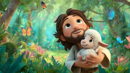 3D Cartoon Jesus Holding a Lamb in Enchanted Forest with Butterflies – Children’s Art