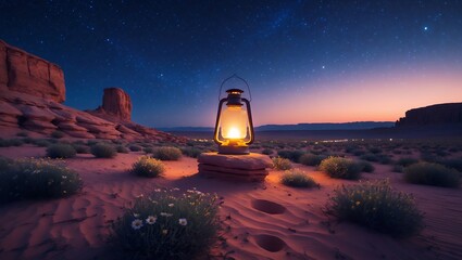 Glowing Lantern in Desert Landscape Under Starry Night Sky