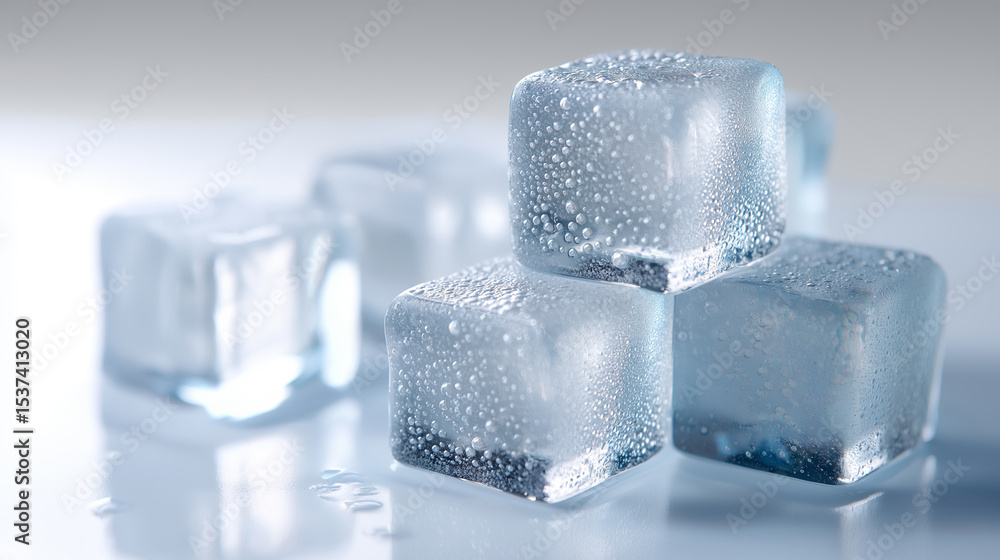 Poster several clear ice cubes with water droplets are melting on a reflective blue surface, creating a ref