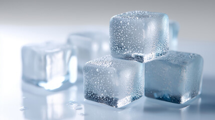 Obraz premium Several clear ice cubes with water droplets are melting on a reflective blue surface, creating a refreshing and cool visual. 