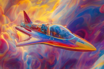 A futuristic fighter jet with a psychedelic oil slick paint job soars through a colorful abstract sky.