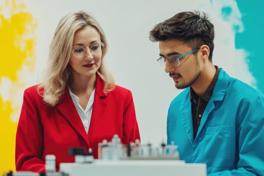 Two scientists, one in red and one in blue, examine scientific apparatus, with colorful backdrop, in a bright lab setting. - Powered by Adobe