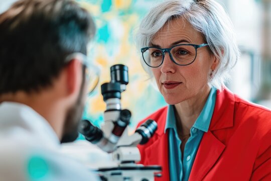 Senior woman scientist looks at her coworker near microscope in laboratory during a scientific research process. - Powered by Adobe