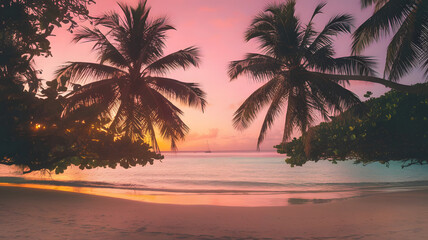 Sunset Tropical Beach with Palm Tree Silhouettes and Distant Sailboat