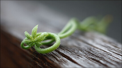 Delicate sprout with dew drops resting on weathered wood. A fresh, organic image conveying growth, hope, and new beginnings. Perfect for nature  wellness themes.