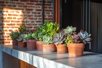 A row of potted succulents lines a ledge against a brick wall, bathed in sunlight.
