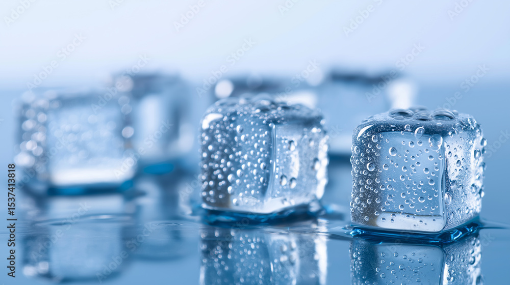 Poster several clear ice cubes with water droplets are melting on a reflective blue surface, creating a ref