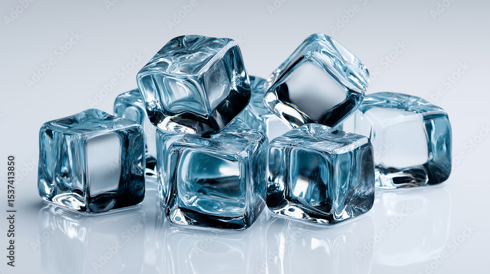 Poster several clear ice cubes with water droplets are melting on a reflective blue surface, creating a ref