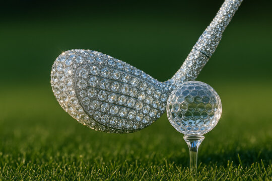 Luxury Diamond Golf Club and Glass Ball on Tee &ndash; Glamorous Sports Concept