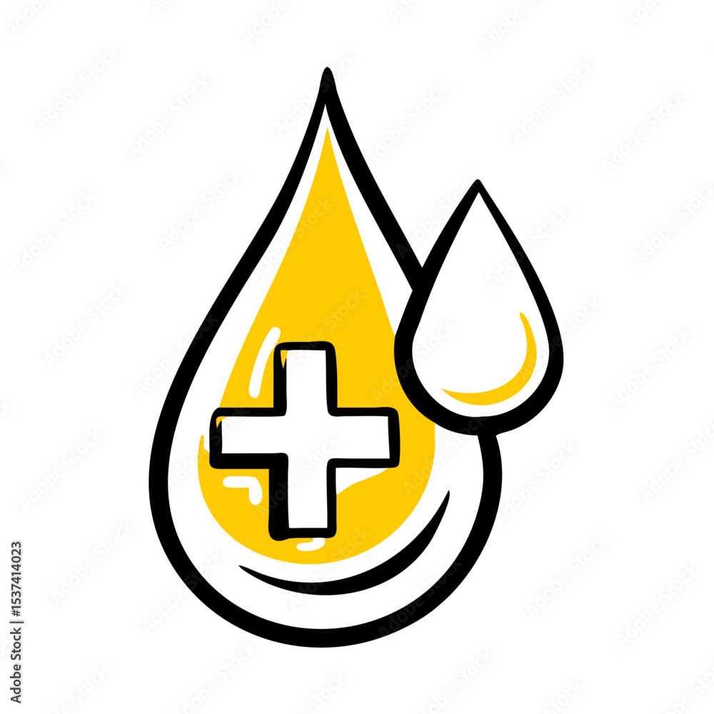 Poster hand draw blood drop with cross on transparent background for web and graphic design