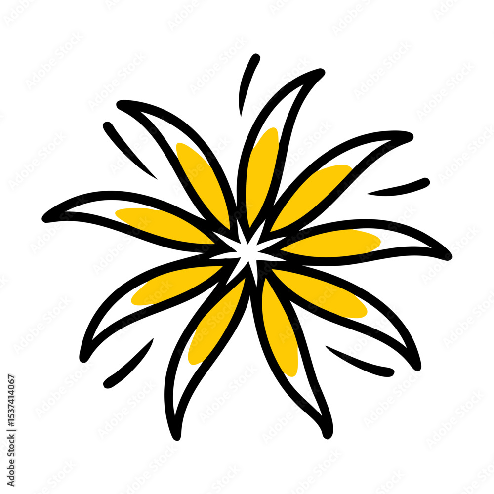 Poster hand draw bold burst flower with extended petals icon on transparent background for web and graphic 