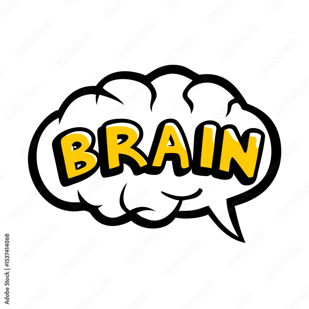 Poster hand draw bold brain text label on transparent background for web and graphic design