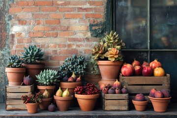 A rustic display of potted succulents, grapes, figs, and pomegranates against a weathered brick wall and window, creating a natural, autumnal still life.