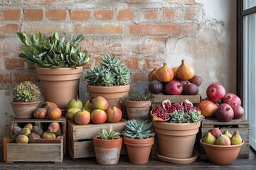 A rustic still life featuring succulents in terracotta pots and an assortment of fresh fruits against a weathered brick wall.