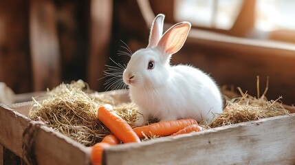 Obraz premium Cute white rabbit bunny pet animal in wooden box with carrots hay and sunlight adorable easter bunny