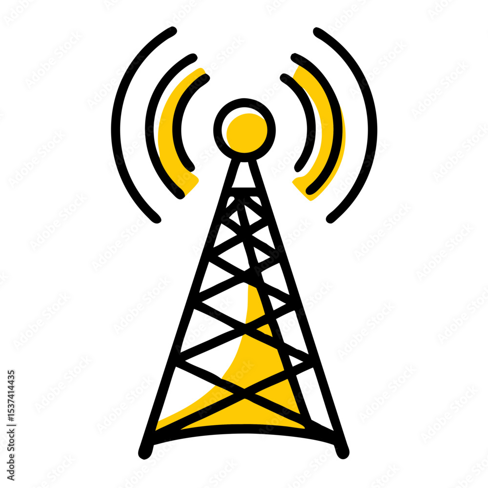 Poster hand draw broadcast antenna icon on transparent background for web and graphic design