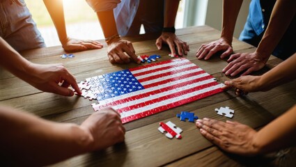 Loose puzzle pieces forming the U.S. flag with hands of all ages and ethnicities placing pieces—symbolizing America’s collective strength and unity